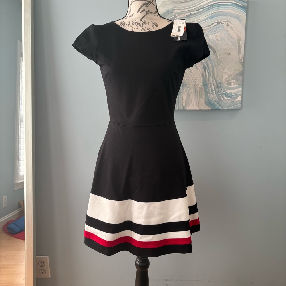 Necessary Objects Black White Red Fit and Flare Mini Dress Short Sleeves